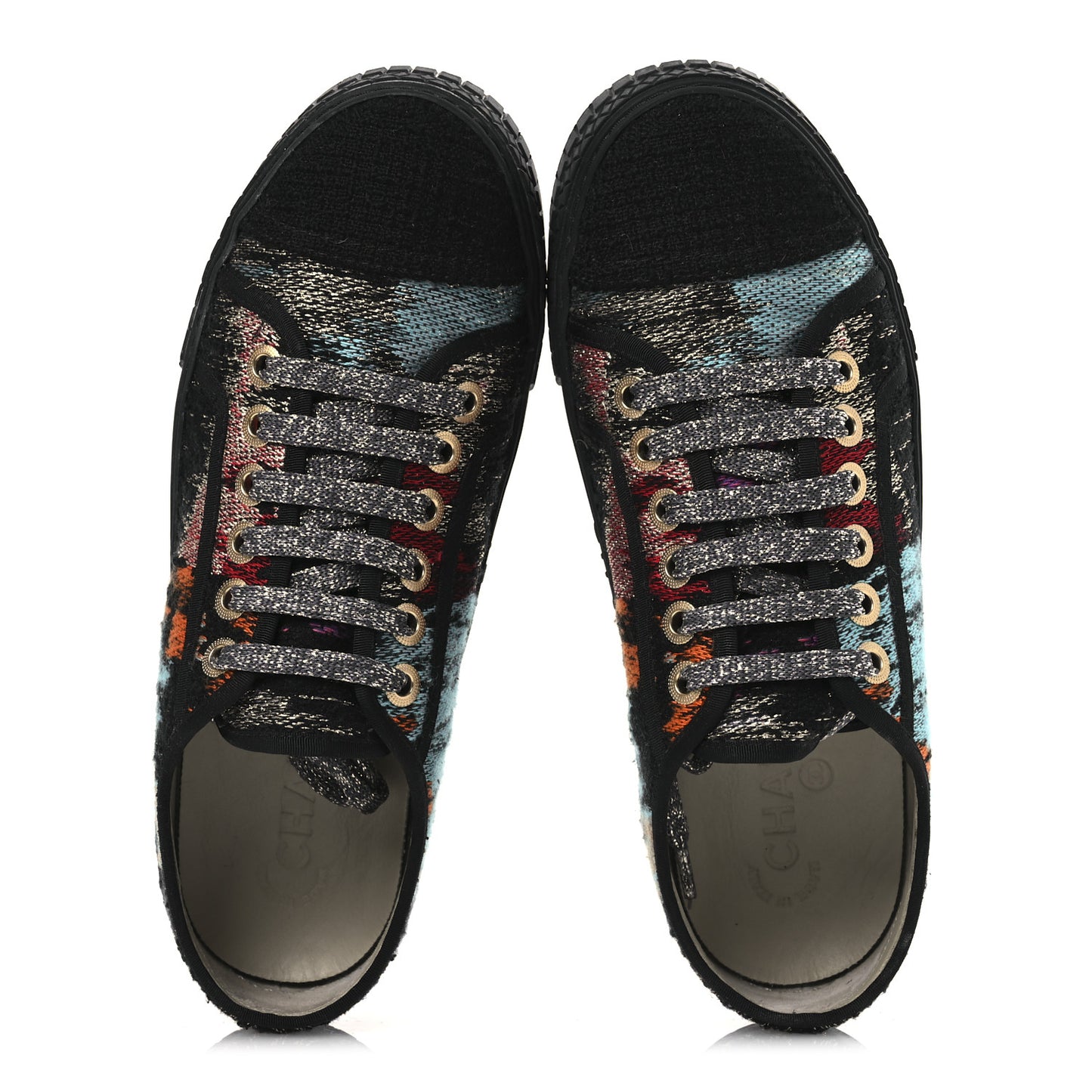 Metallic Tweed Low Top Sneakers 38 Black Multicolor