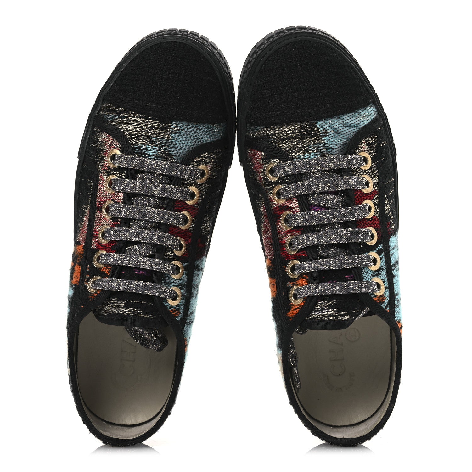 Chanel Metallic Tweed Low Top Sneakers 38 Black Multicolor 2 of 14