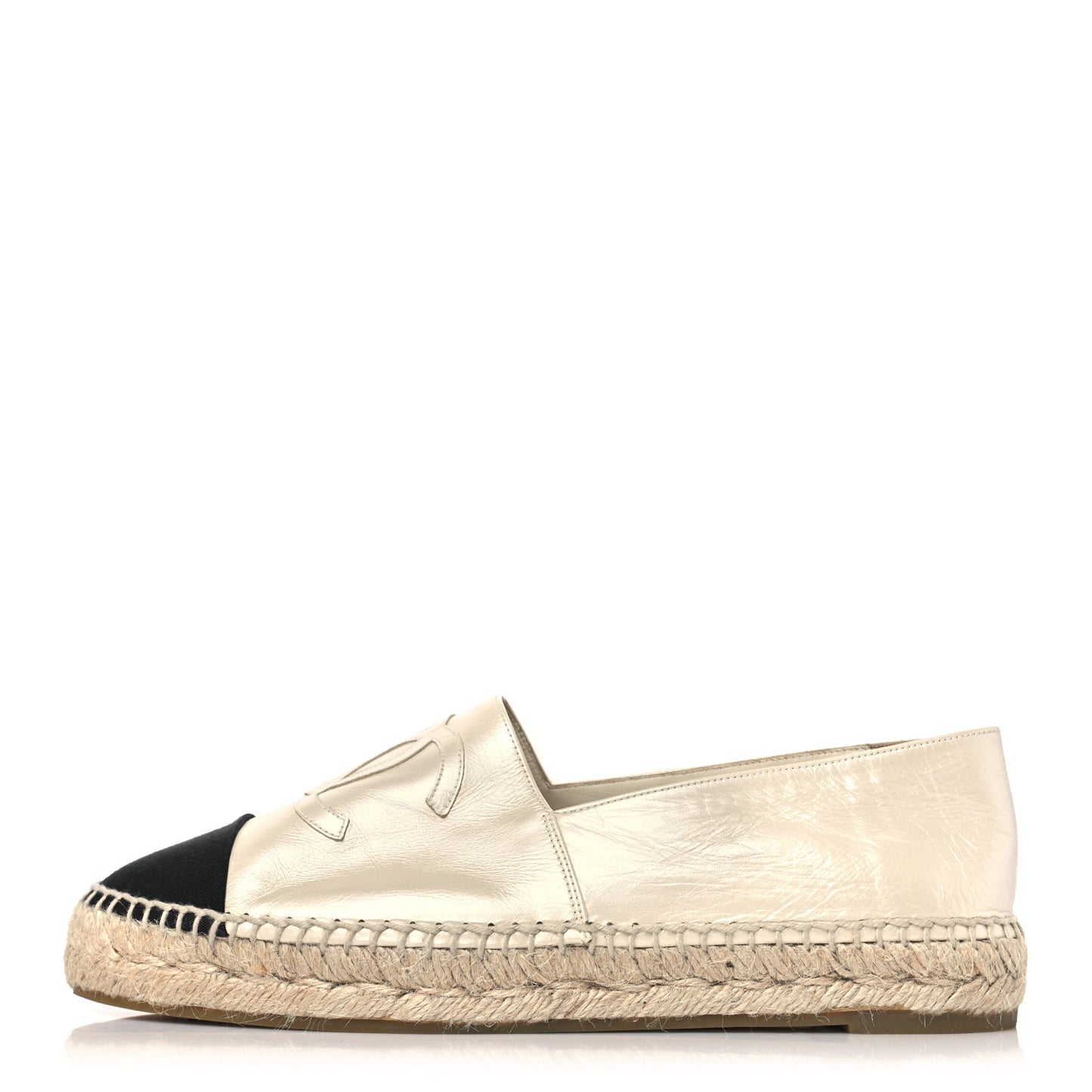 Metallic Calfskin Grosgrain CC Espadrilles 39 Ivory Black