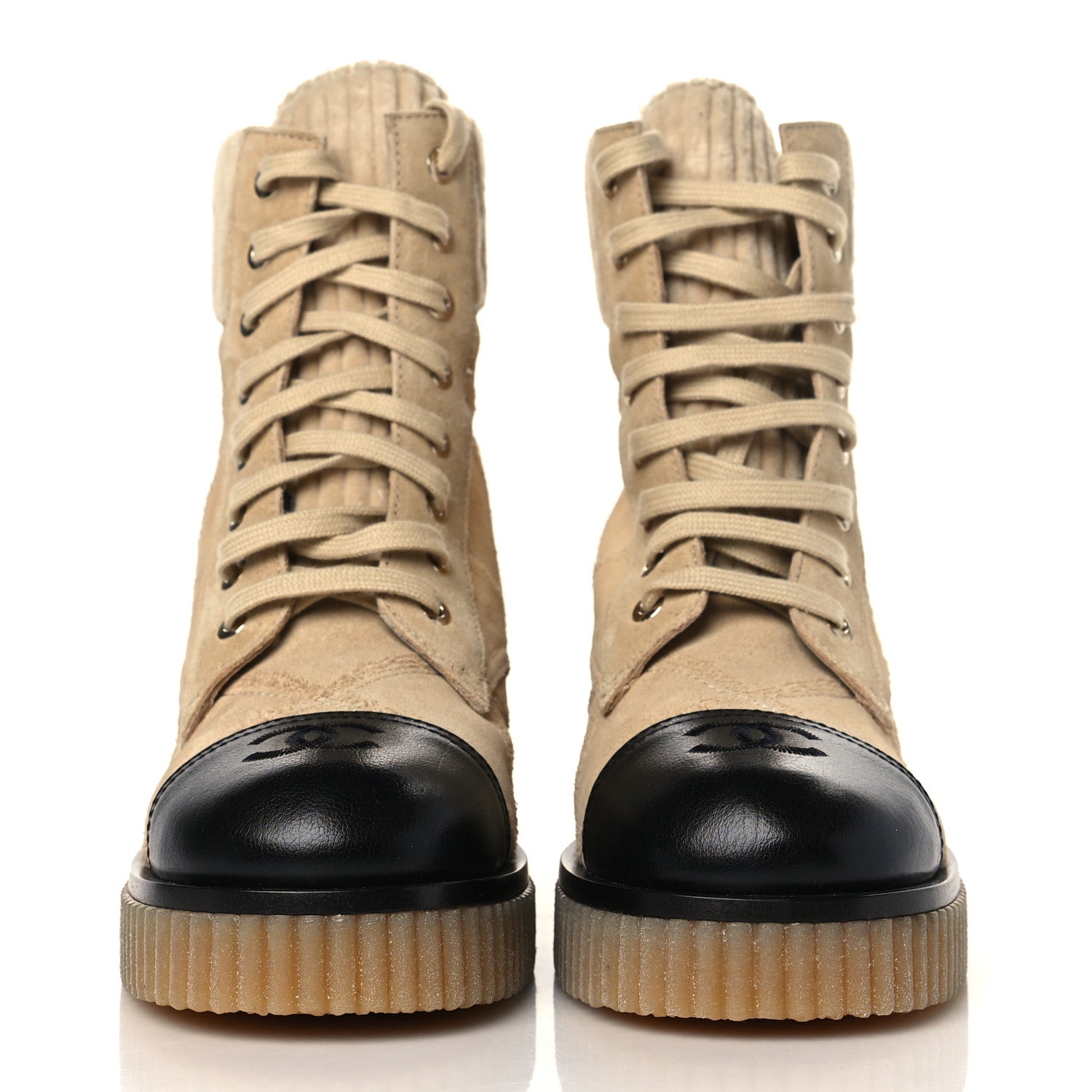 Chanel Suede Calfskin Velvet Quilted CC Combat Boots 36.5 Beige Black 2 of 8