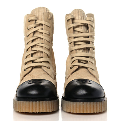 Chanel Suede Calfskin Velvet Quilted CC Combat Boots 36.5 Beige Black 2 of 8