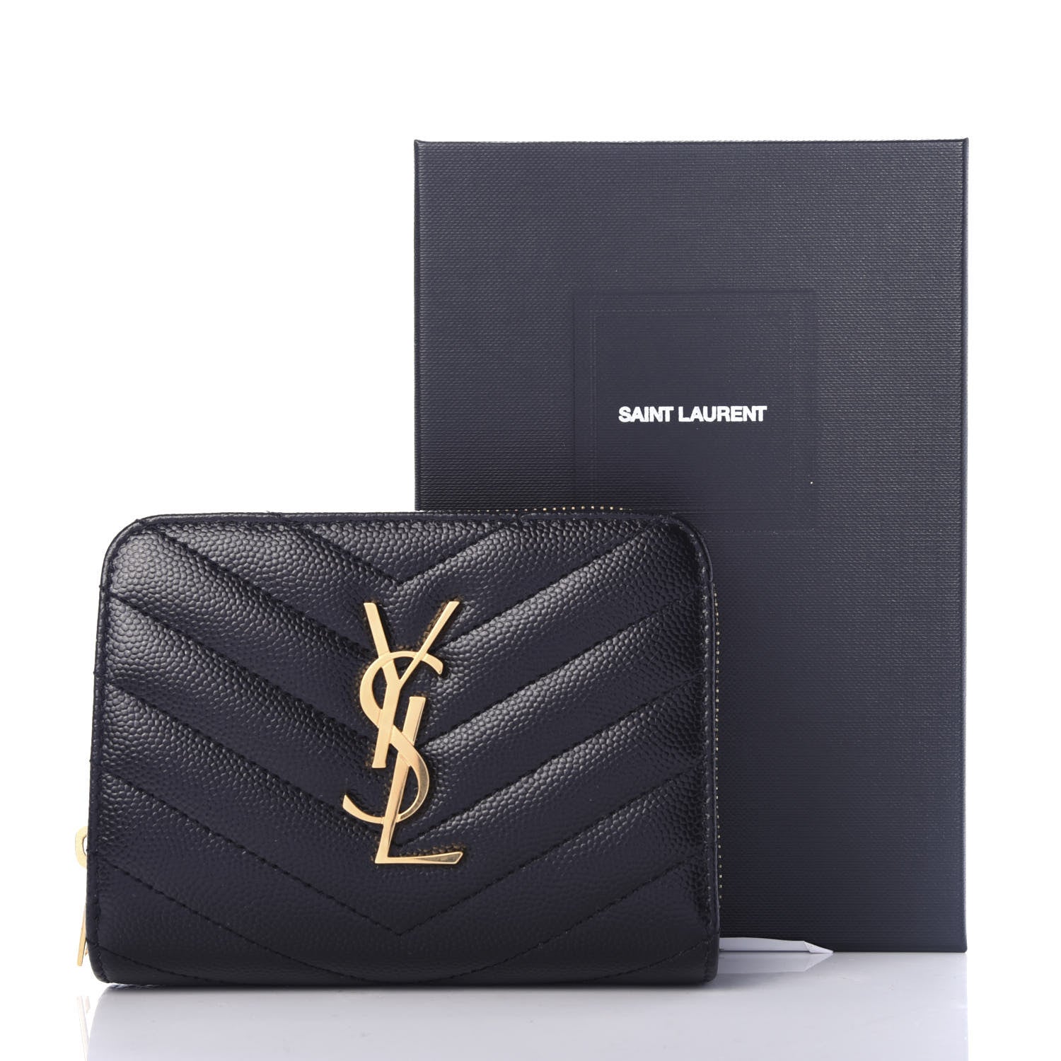 Saint Laurent Grain De Poudre Matelasse Chevron Monogram Compact Zip Around Wallet Black 8 of 8