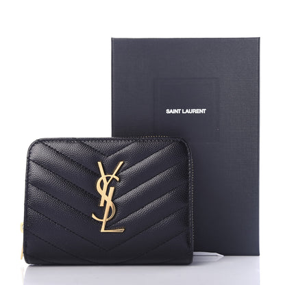Saint Laurent Grain De Poudre Matelasse Chevron Monogram Compact Zip Around Wallet Black 8 of 8