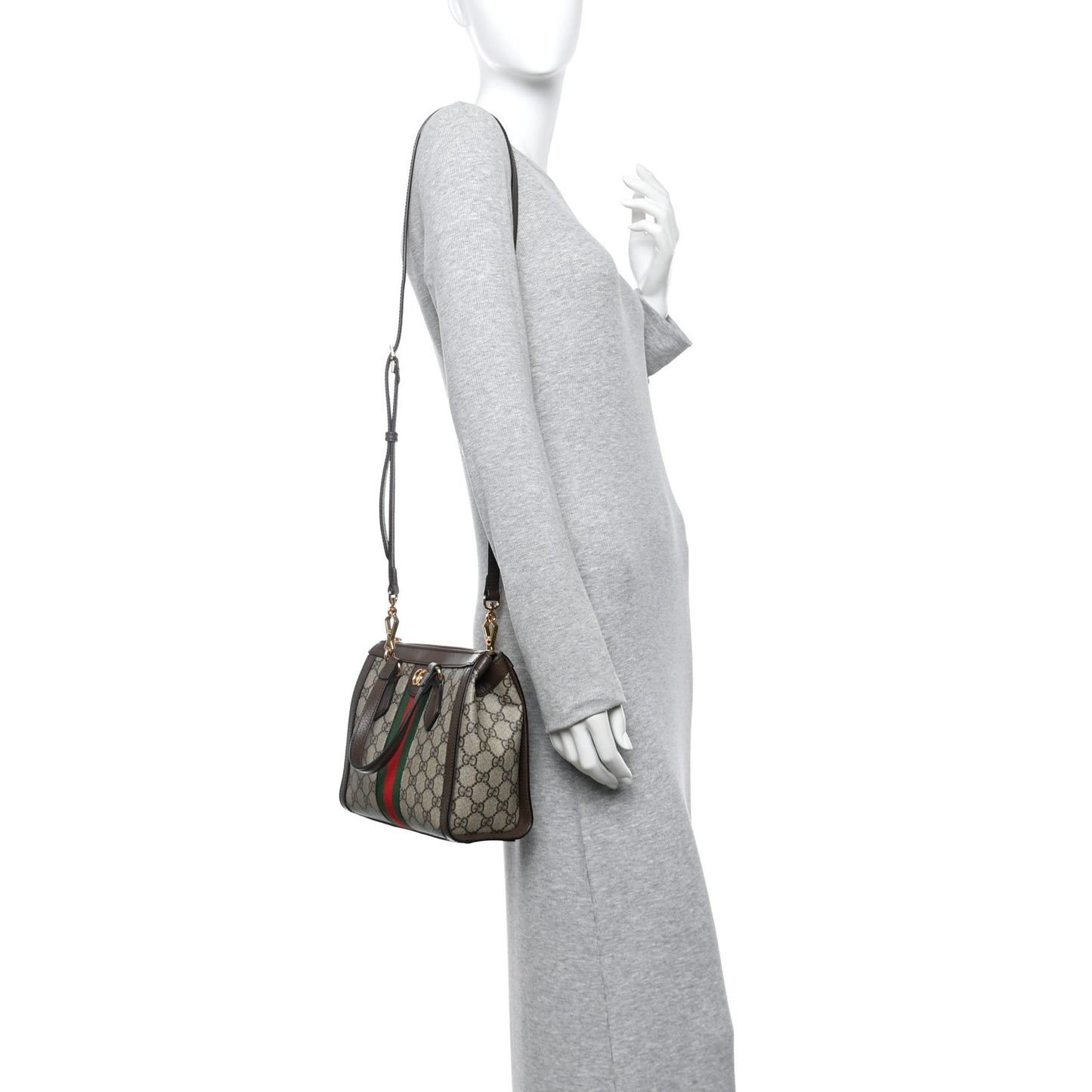GG Supreme Monogram Textured Calfskin Web Small Ophidia Tote Bag Beige Ebony New Acero