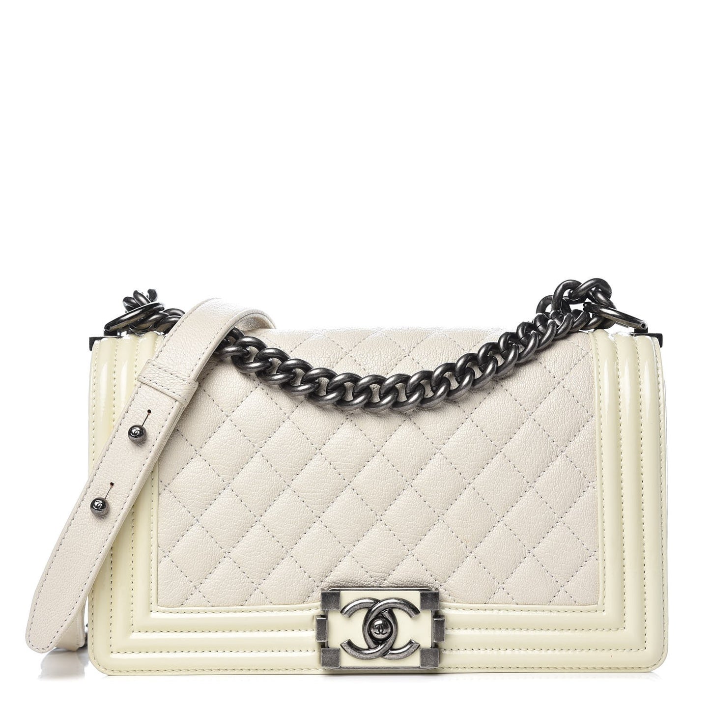 Goatskin Quilted Patent Medium Duo Boy Flap Ecru