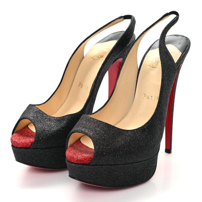 Christian Louboutin Glitter Lady Peep Sling 150 Pumps 37.5 Black Red 4 of 8