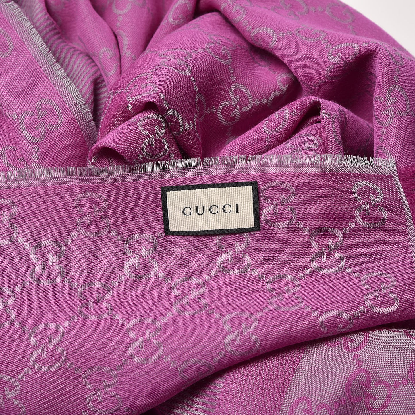 Wool Silk GG Monogram GGWeblong Fringe Scarf Shawl Zinc Pink