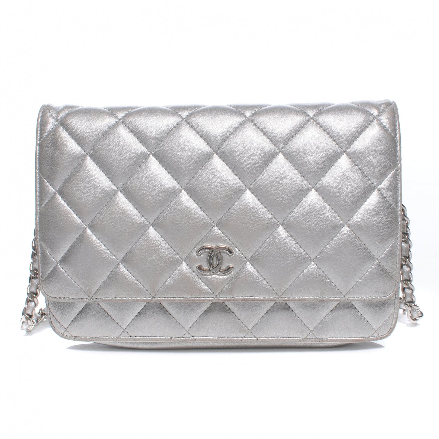 Lambskin Quilted Wallet On Chain Silver