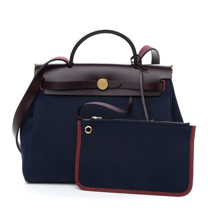 Hermes Toile Militaire Vache Hunter Herbag Zip Retourne 31 PM Rouge Sellier Bleu Marine 1 of 10
