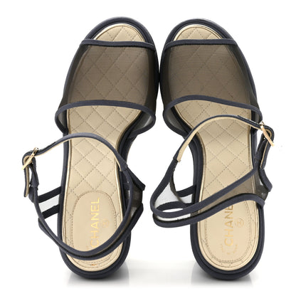 Chanel Mesh Grosgrain Wedge Sandals 37 Blue 2 of 11