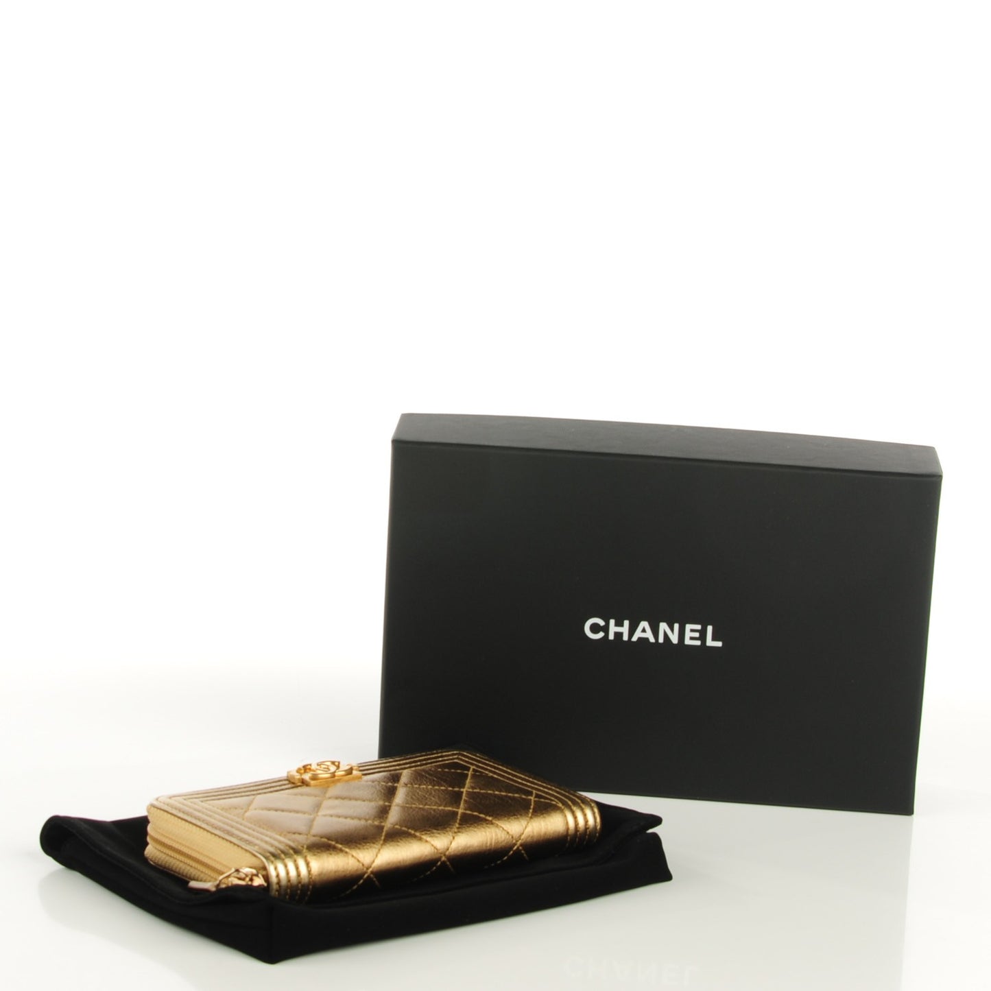 Metallic Aged Calfskin Quilted Small Boy Zip Around Wallet Gold