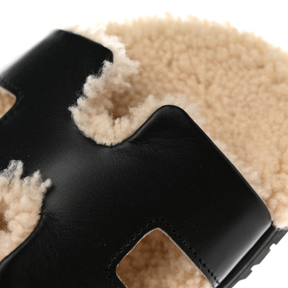 Hermes Calfskin Woolskin Womens Chypre Sandals 36.5 Black Ecru 8 of 13