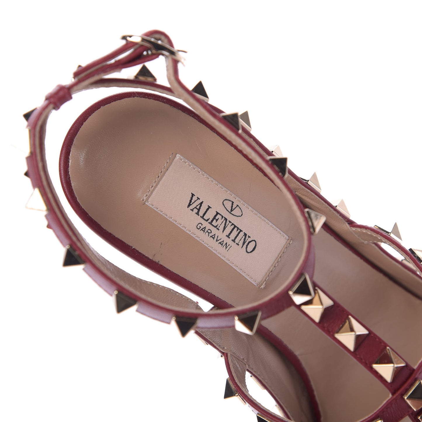 Pebbled Calfskin Rockstud Ankle Strap Pumps 37.5 Rubino