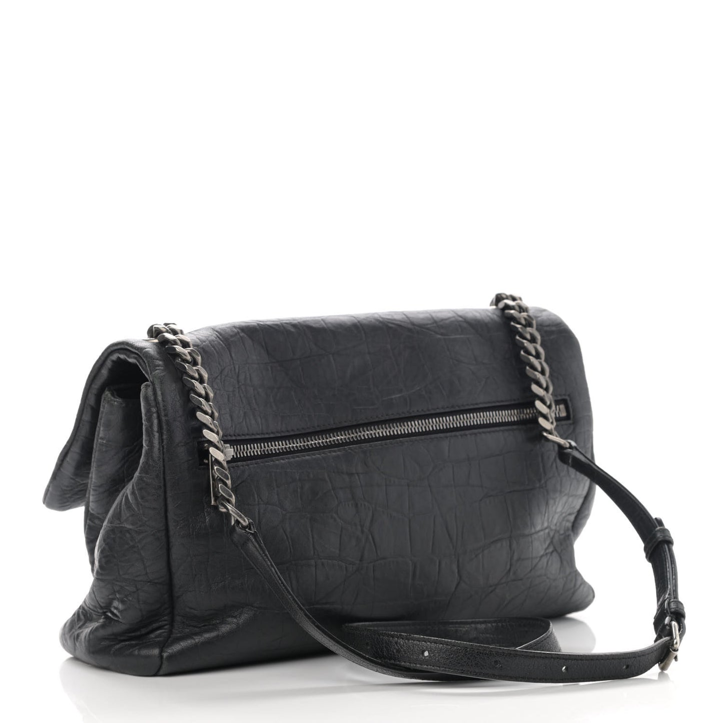 Calfskin Crocodile Embossed Medium West Hollywood Monogram Fold-Over Black