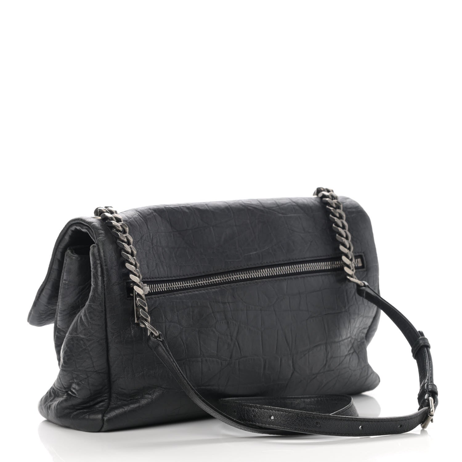 Saint Laurent Calfskin Crocodile Embossed Medium West Hollywood Monogram Fold-Over Black 3 of 10