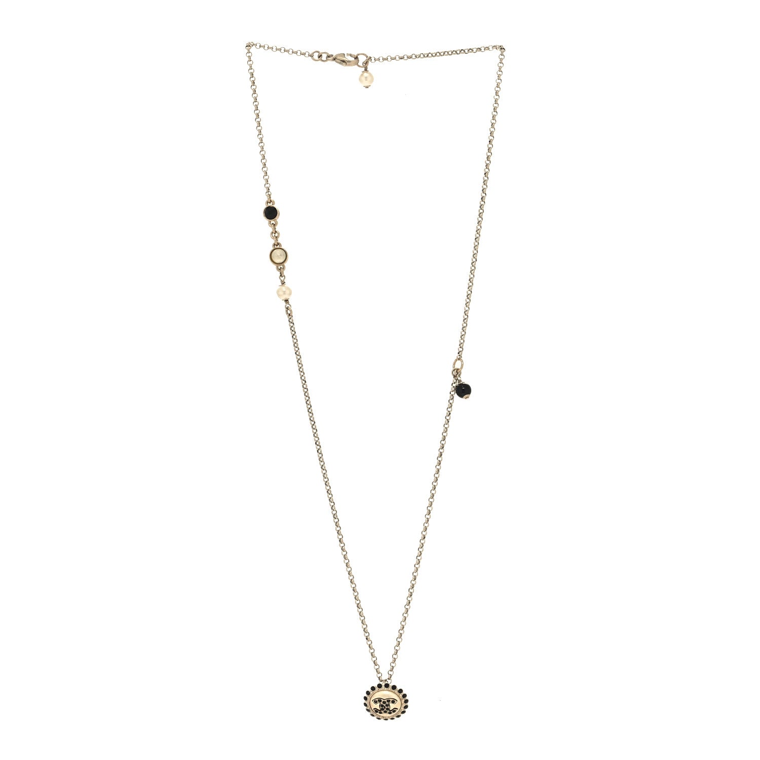 Chanel Pearl Crystal CC Round Pendant Long Necklace Gold Pearly White Black 3 of 5