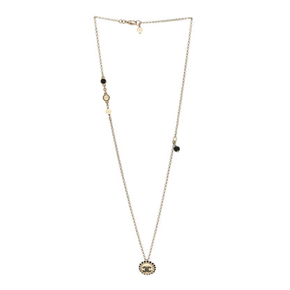 Chanel Pearl Crystal CC Round Pendant Long Necklace Gold Pearly White Black 3 of 5