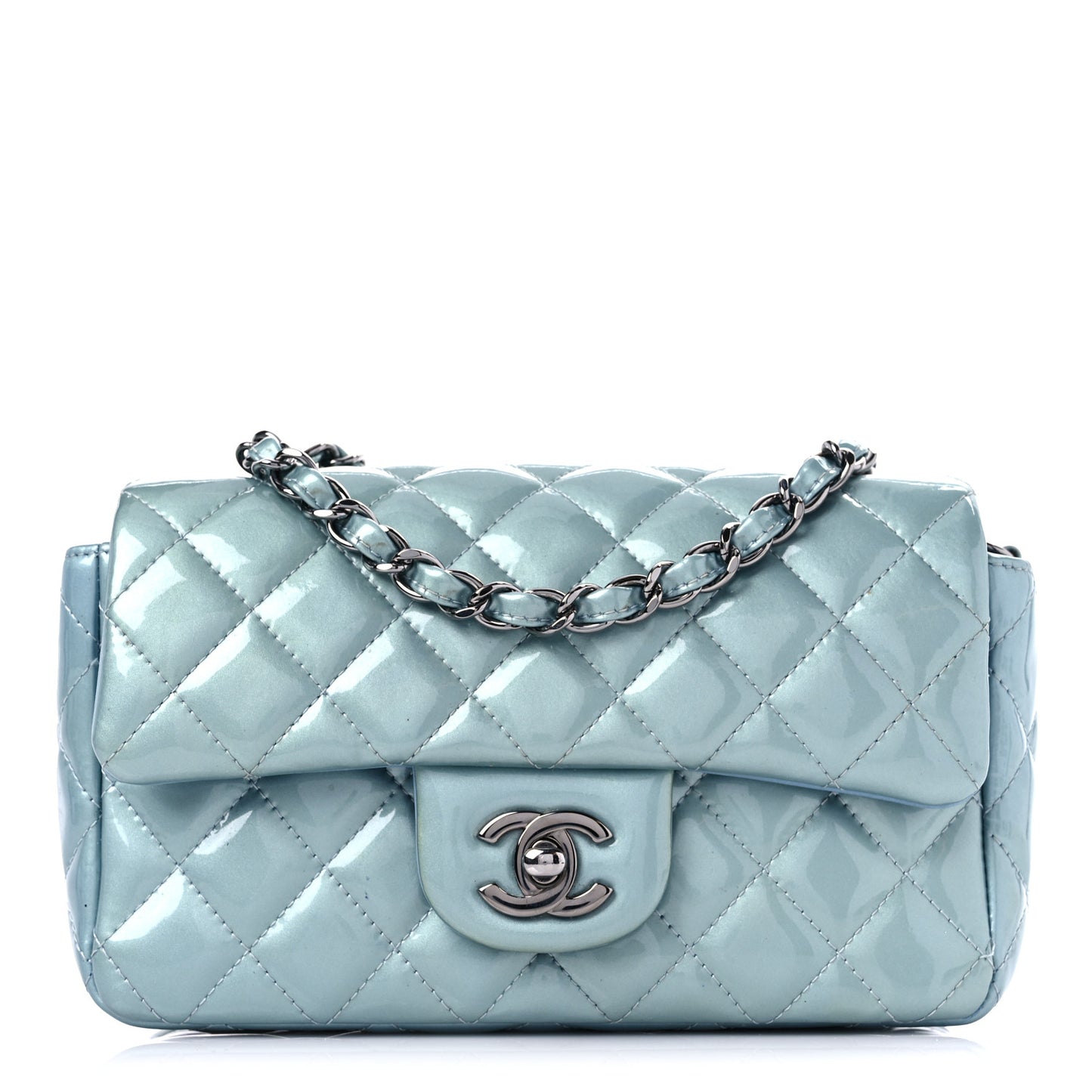 Patent Calfskin Quilted Mini Rectangular Flap Light Blue