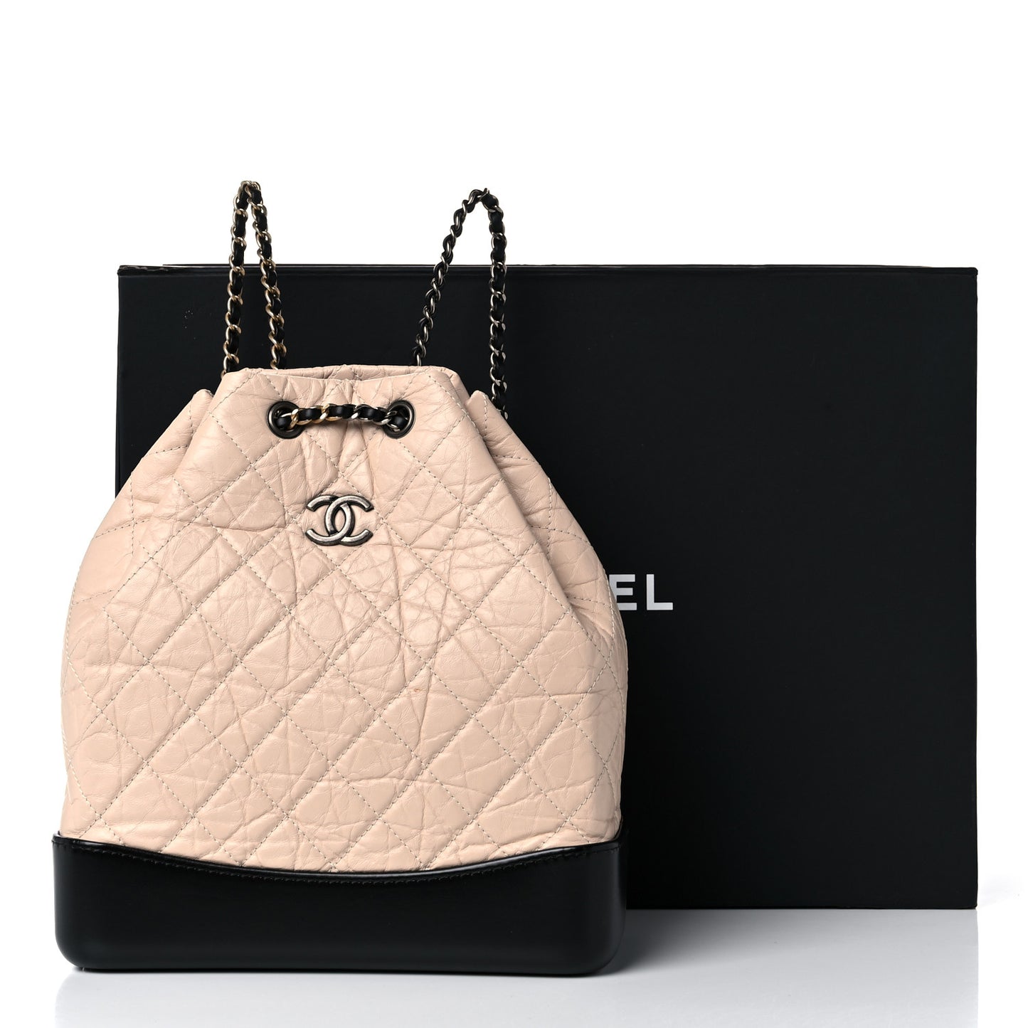 Aged Calfskin Quilted Gabrielle Backpack Beige Black