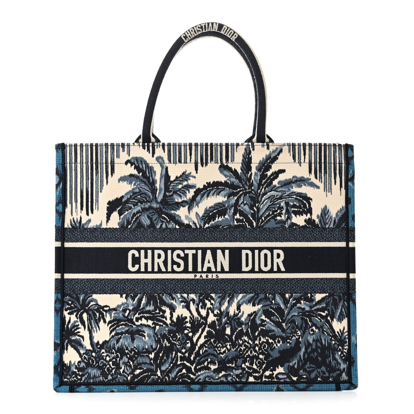Canvas Embroidered Large Palm Tree Toile De Jouy Book Tote Blue Multicolor