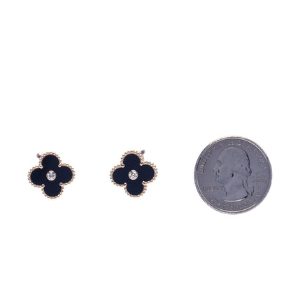 Van Cleef & Arpels 18K Rose Gold Diamond Black Onyx Vintage Alhambra Earrings 2 of 7