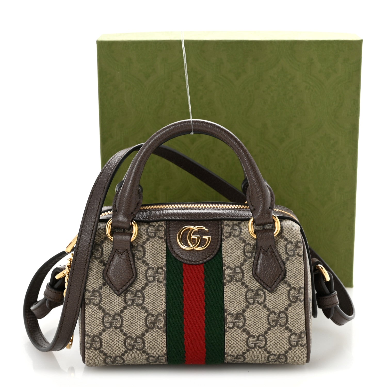 Gucci GG Supreme Monogram Textured Dollar Calfskin Web Super Mini Ophidia Top Handle Bowler Bag  Beige Ebony New Acero 12 of 12