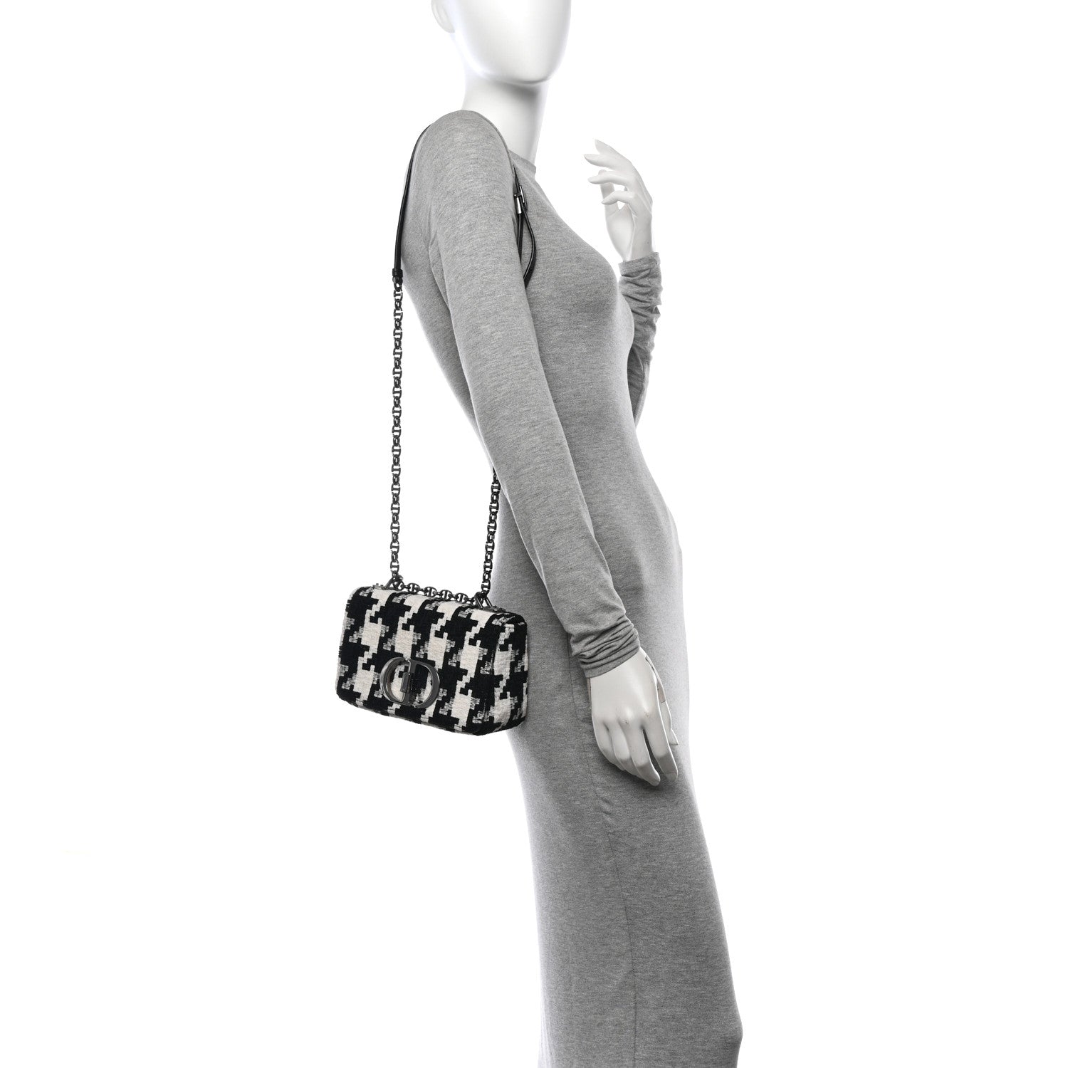 Christian Dior Tweed Macro Houndstooth Small Caro Bag Black White 2 of 13