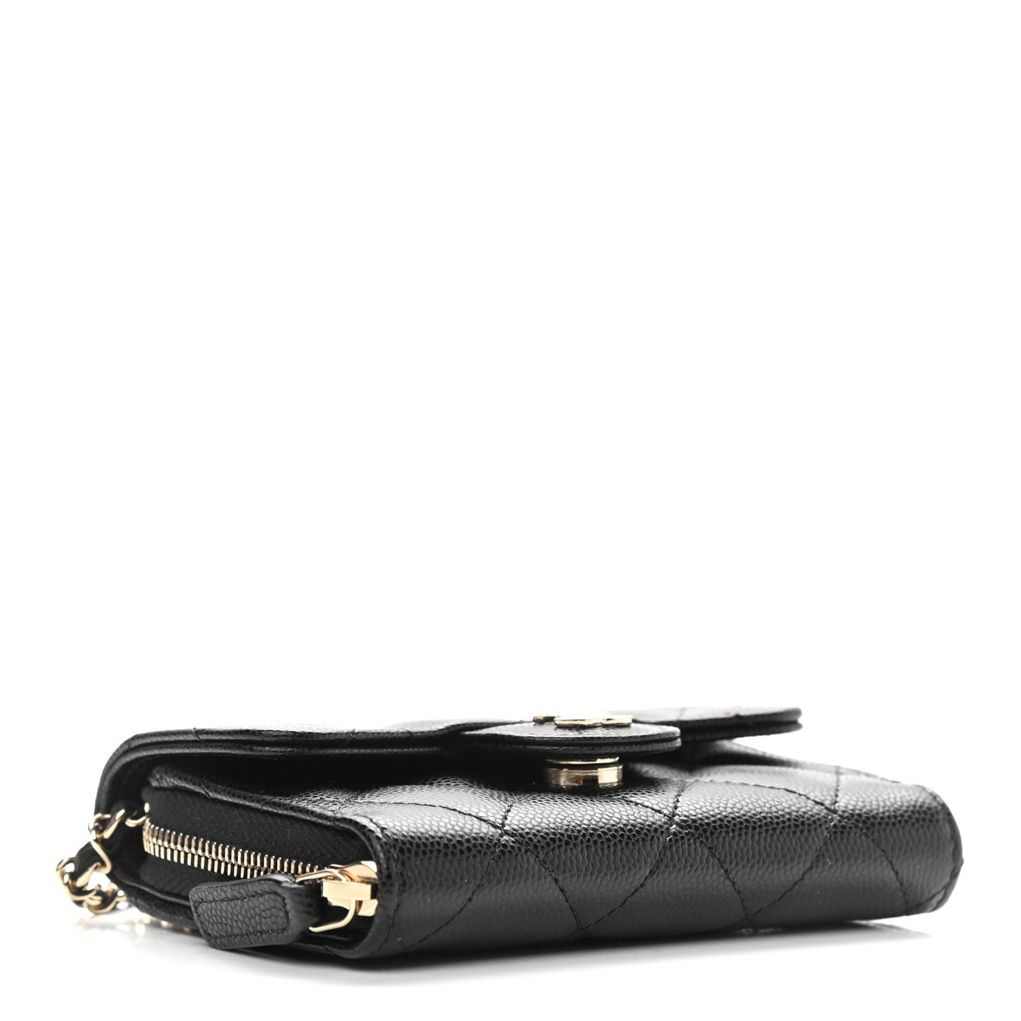 Caviar Quilted Flap Zip Card Holder On Chain Black