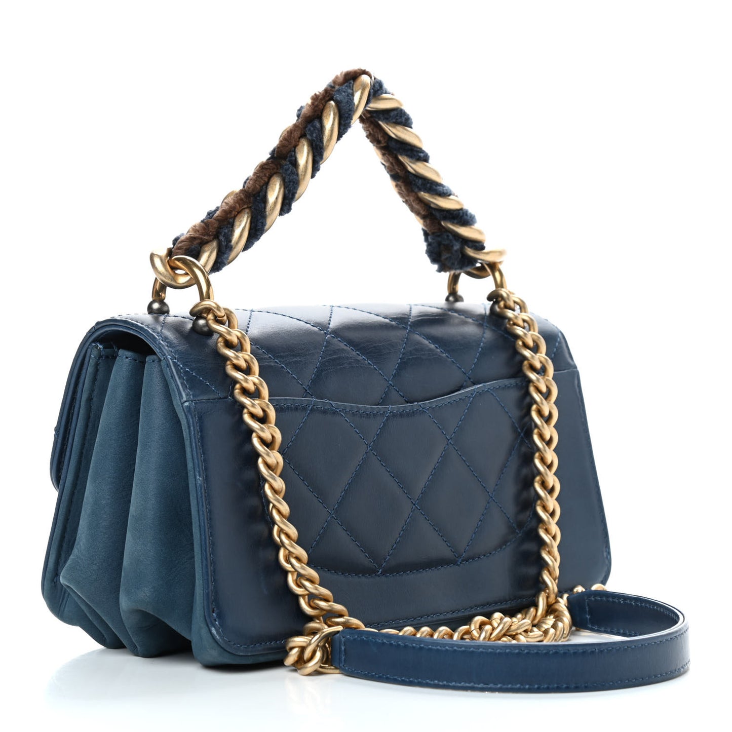 Glazed Calfskin Quilted Mini Straight Lined Flap Blue