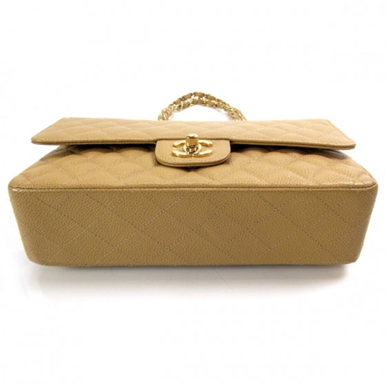 Caviar Quilted Medium Double Flap Beige