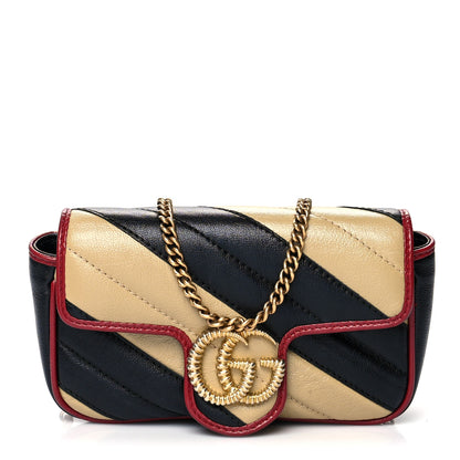 Gucci Vintage Effect Calfskin Matelasse Diagonal Striped Super Mini Torchon GG Marmont Shoulder Bag Black Beige 1 of 10