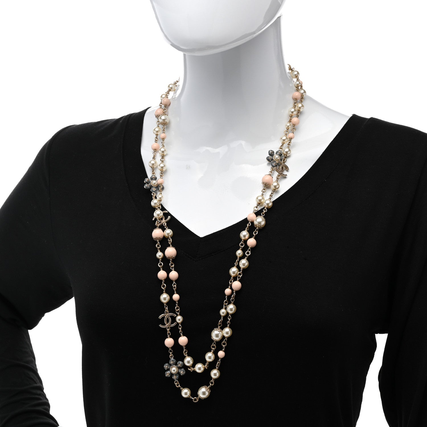 Chanel Enamel Pearl Beaded Camellia CC Long Necklace Gold Pink 2 of 5