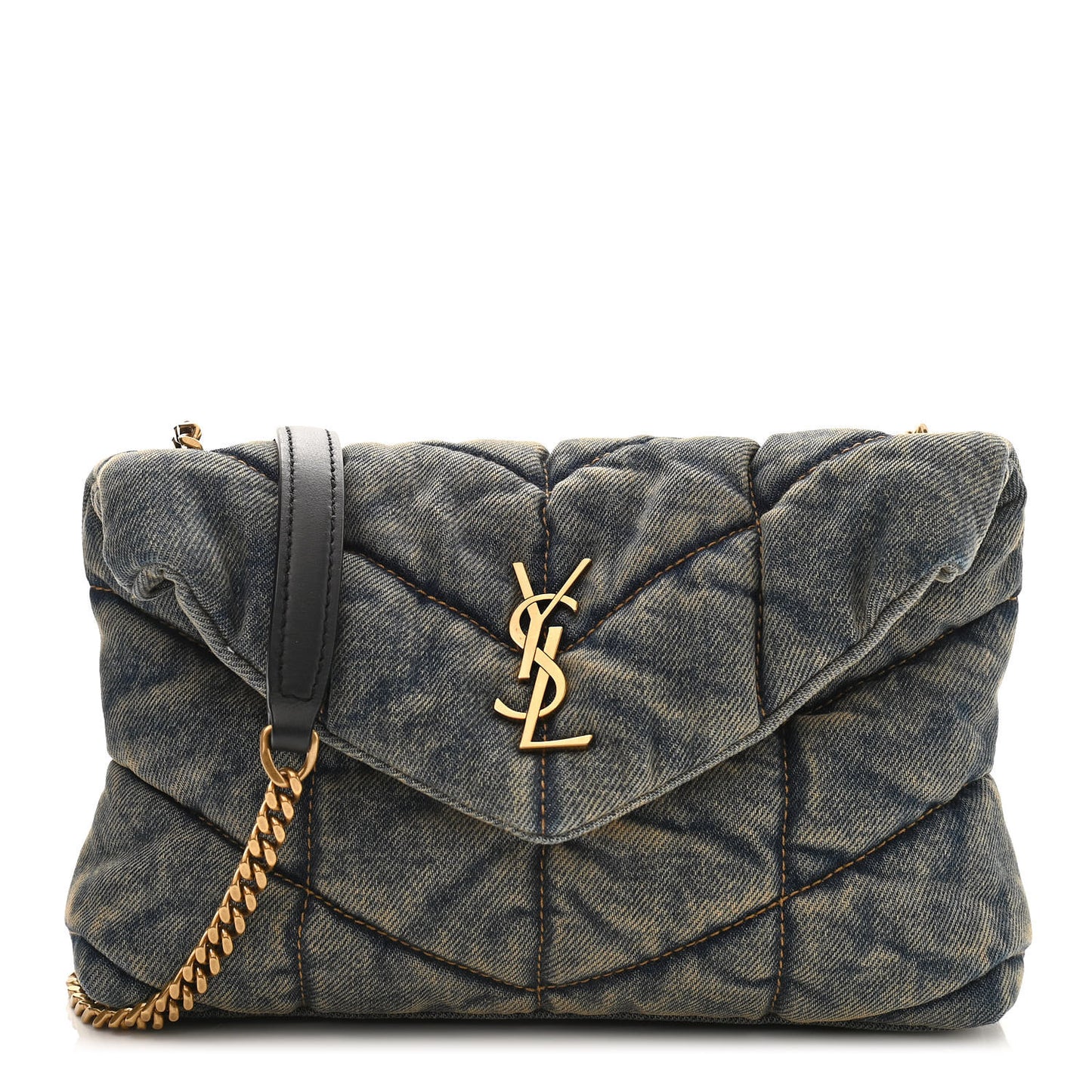 Denim Quilted Toy Loulou Puffer Monogram Chain Satchel Blue Black