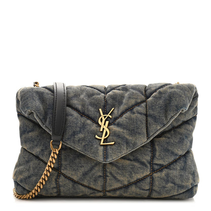 Saint Laurent Denim Quilted Toy Loulou Puffer Monogram Chain Satchel Blue Black 1 of 10
