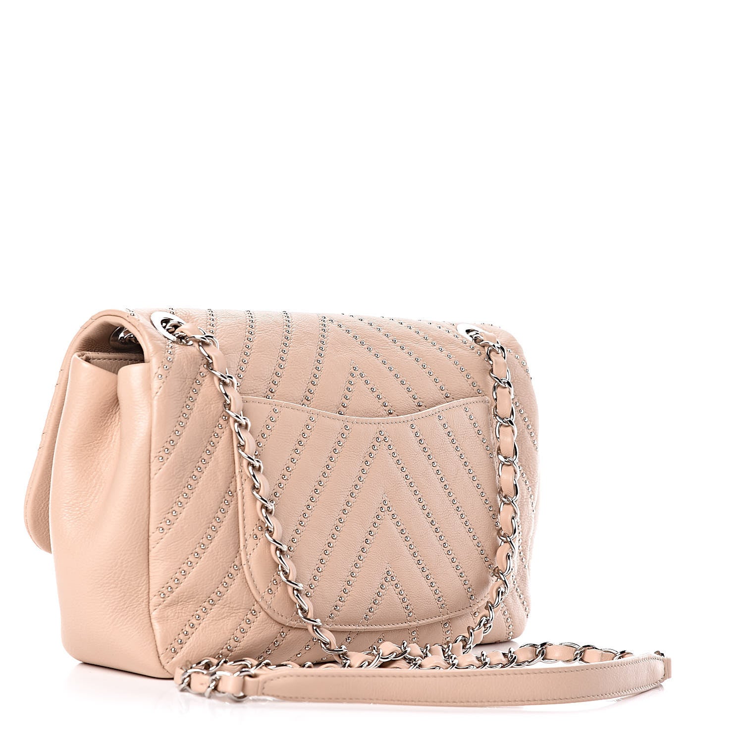 Chanel Calfskin Studded Chevron Quilted Medium Wars Flap Beige 3 of 10