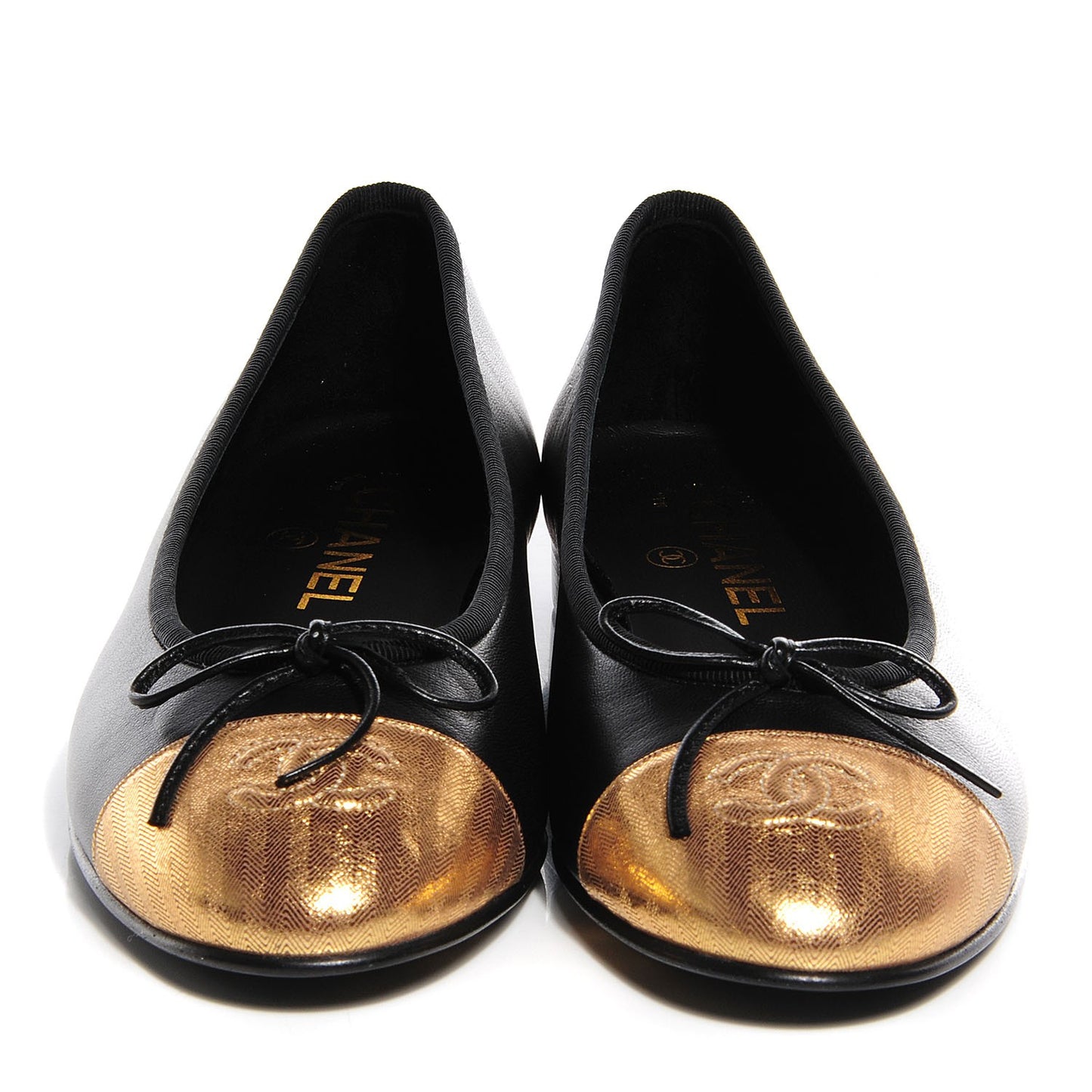 Lambskin Cap Toe Ballerina Flats 38.5 Black Gold