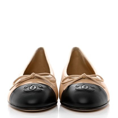 Chanel Lambskin Cap Toe CC Ballerina Flats 36.5 Beige Black 2 of 9