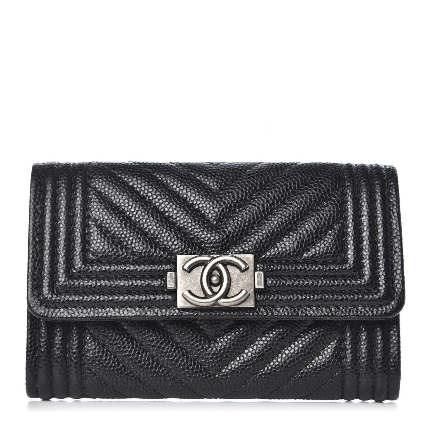 Caviar Chevron Quilted Boy Card Holder Wallet Black