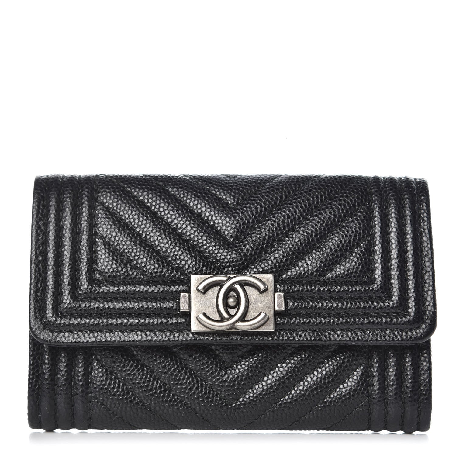 Chanel Caviar Chevron Quilted Boy Card Holder Wallet Black 1 of 8