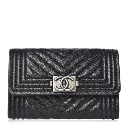 Chanel Caviar Chevron Quilted Boy Card Holder Wallet Black 1 of 8