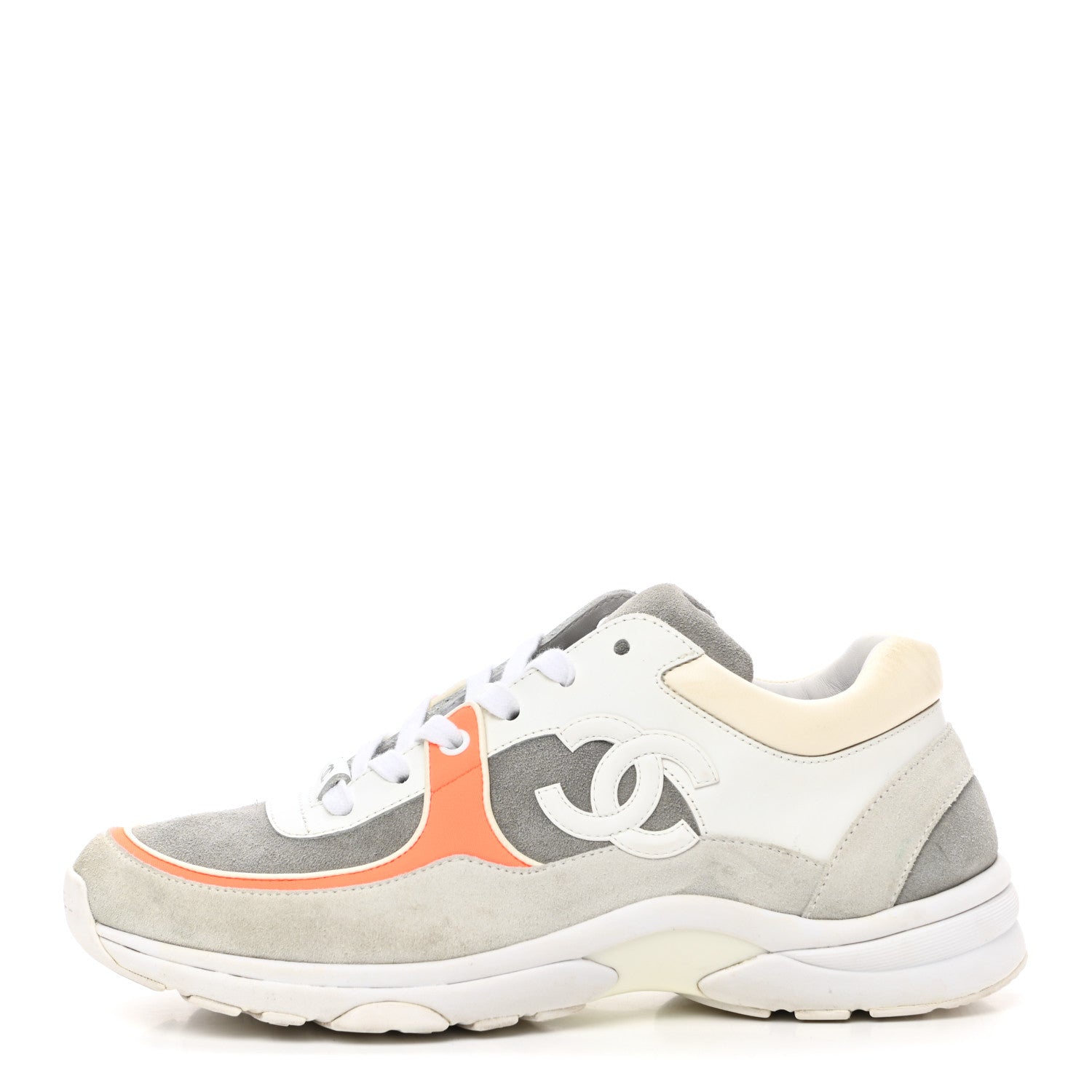 Chanel Suede Calfskin Fabric CC Sneakers 40 White Grey Fluo Orange 1 of 8