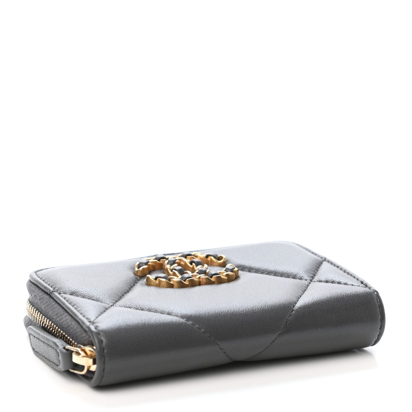 Lambskin Quilted Chanel 19 Zip Around Coin Purse Wallet Dark Grey
