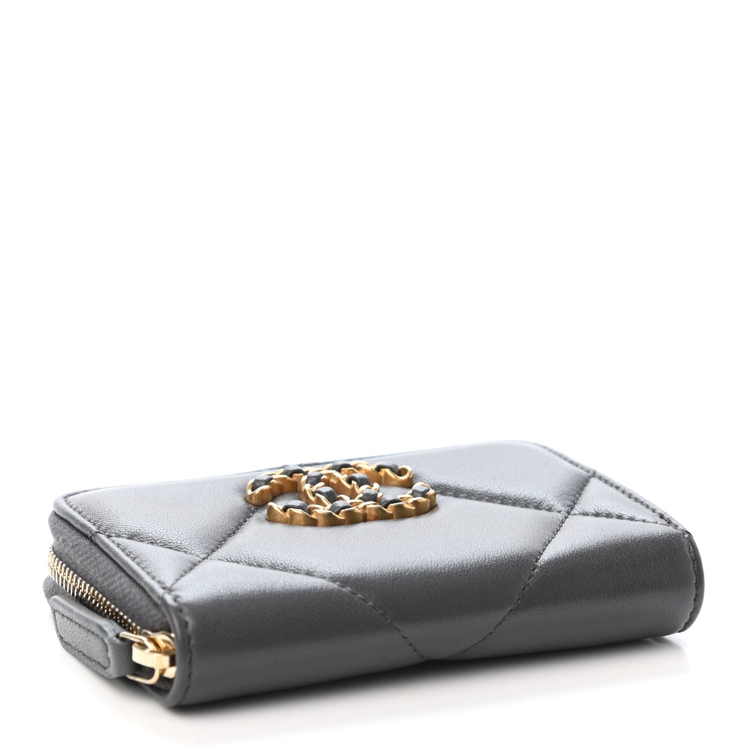 Chanel Lambskin Quilted Chanel 19 Zip Around Coin Purse Wallet Dark Grey 3 of 4