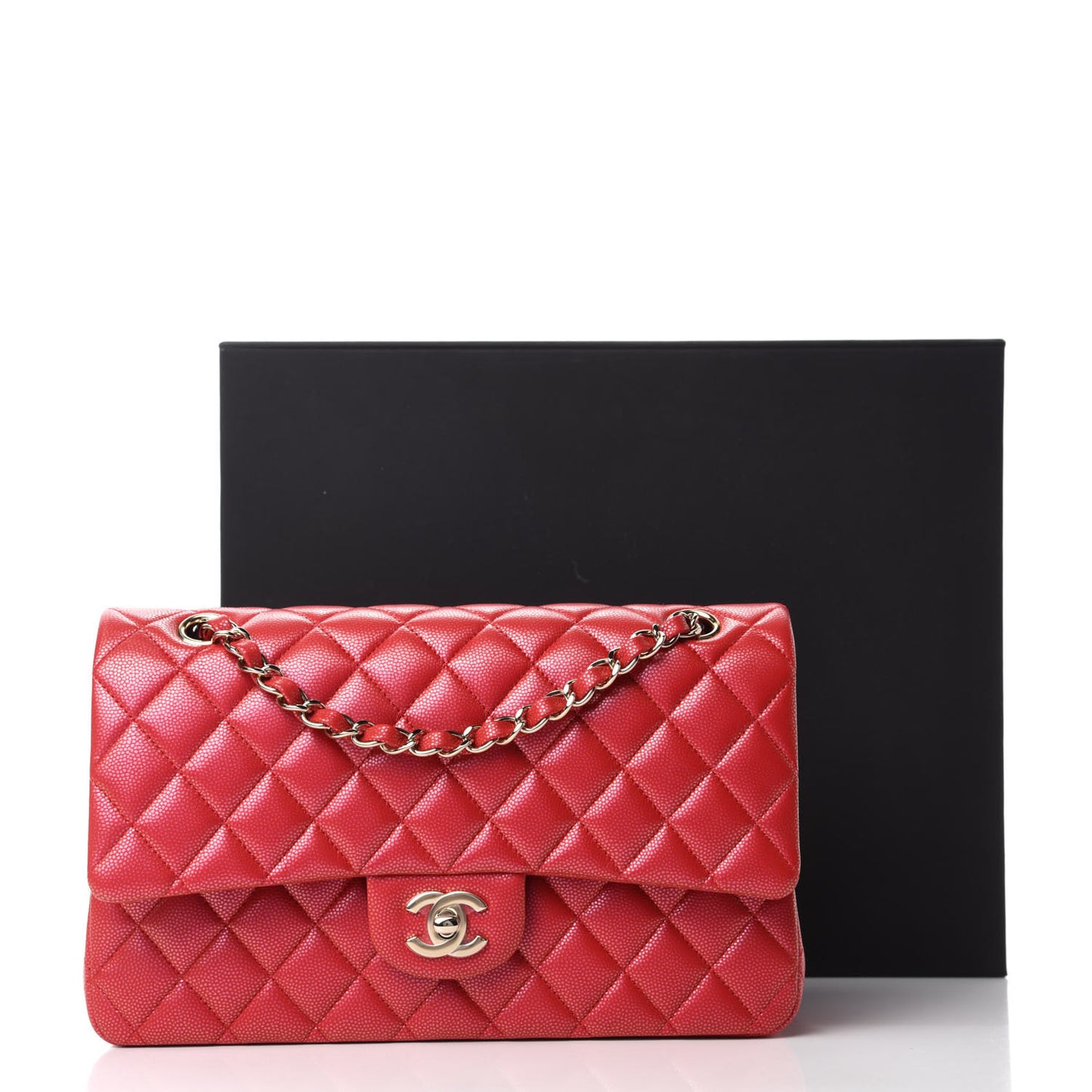 Iridescent Caviar Quilted Medium Double Flap Red