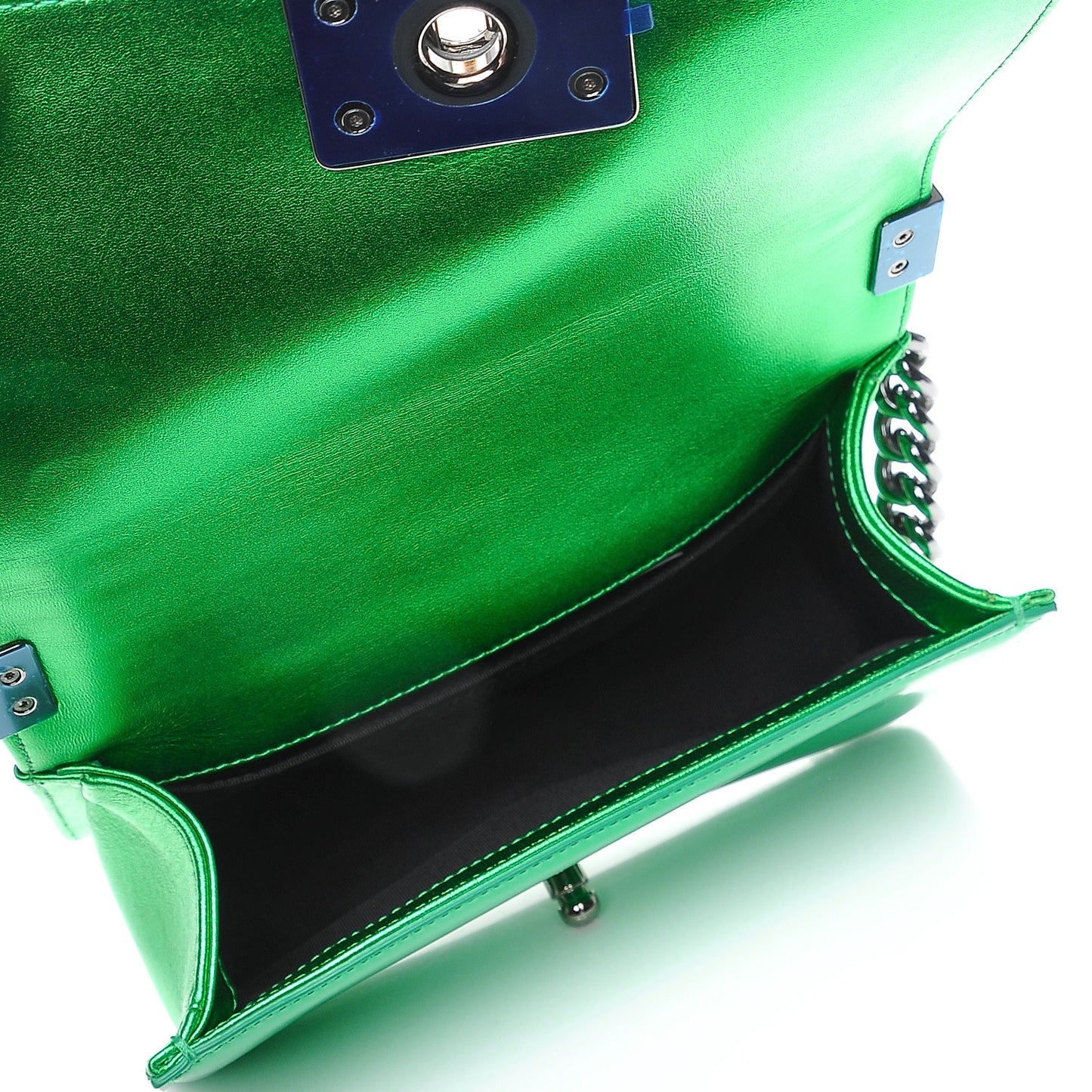 Metallic Patent Calfskin Quilted Small Boy Flap Green