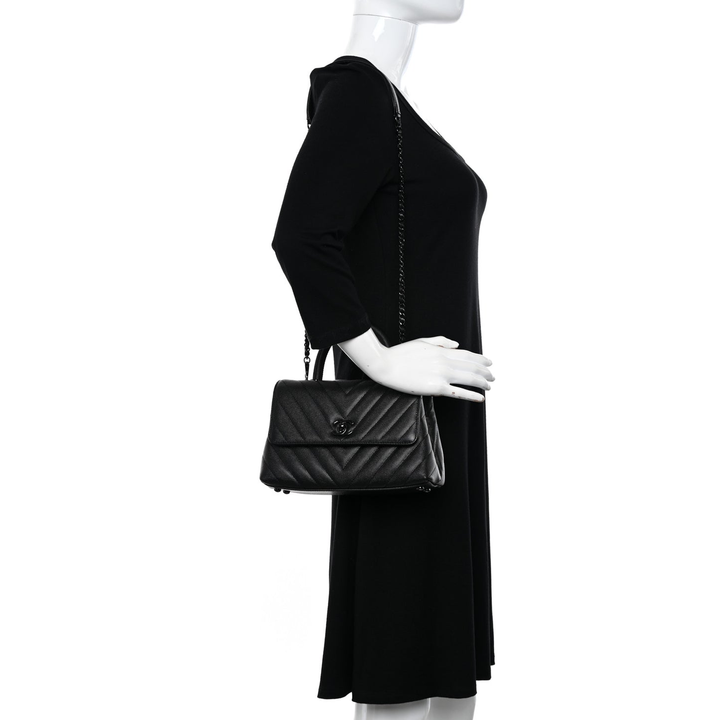 Caviar Chevron Quilted Mini Coco Handle Flap So Black