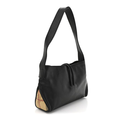 Burberry Calfskin Haymarket Check Horn Toggle Shoulder Bag Black Black 3 of 12