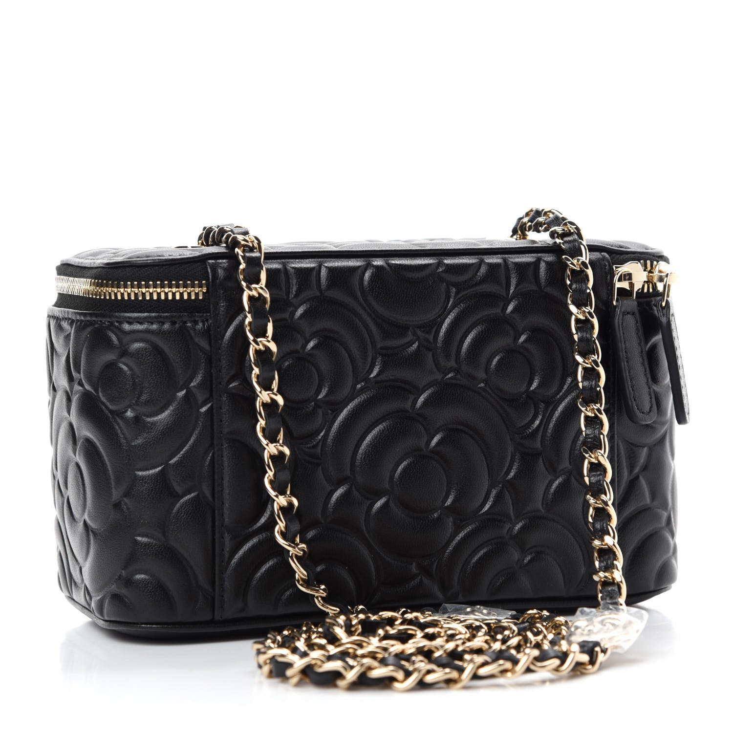 Chanel Lambskin Camellia Embossed Small Vanity Case With Chain Black 3 of 11
