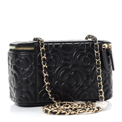 Chanel Lambskin Camellia Embossed Small Vanity Case With Chain Black 3 of 11