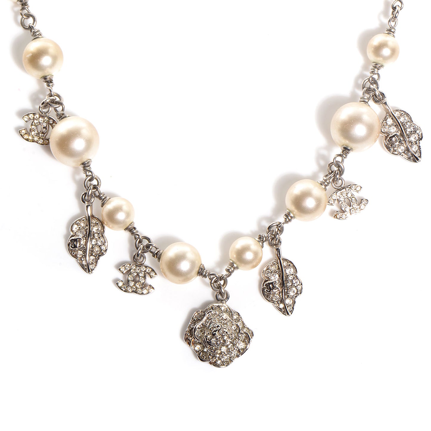 Crystal Pearl Camellia Charm Necklace Silver